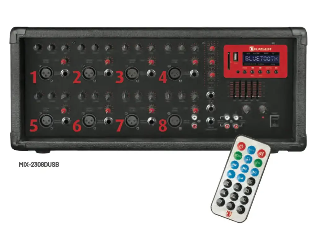 Consola amplificada 200 W RMS 8 canales con Bluetooth MIX-2308DUSB